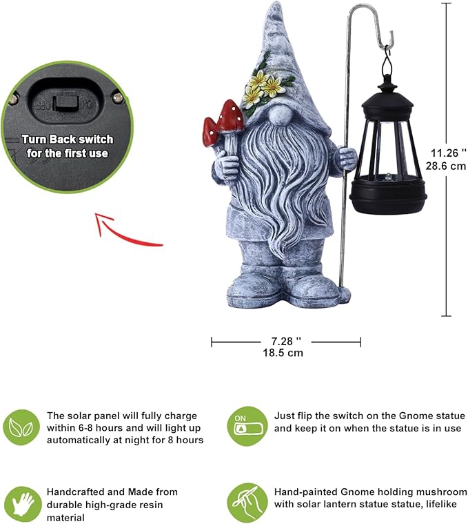 Nacome Solar Gnome Garden Statue for Decor: Outdoor Sculpture with Lantern for Outside Ornament Yard Art Lawn Porch Patio Balcony - Birthday Gifts for Women Mom