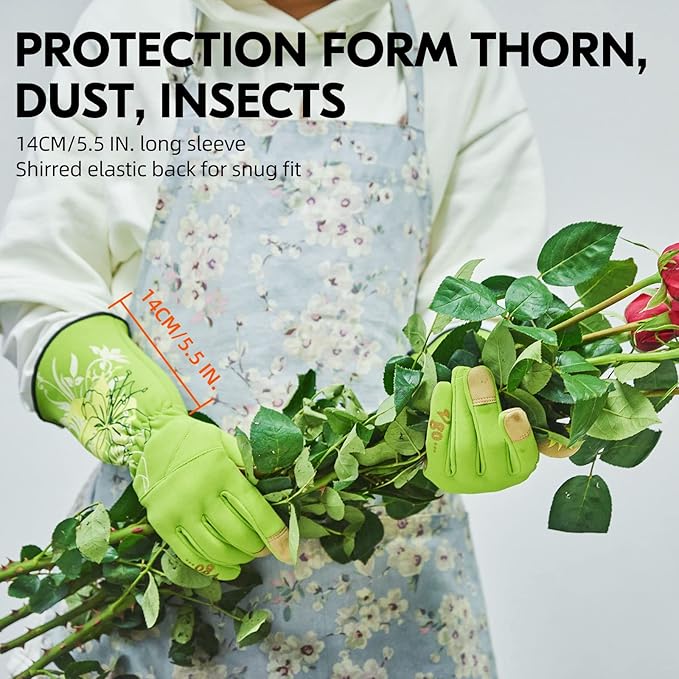 Vgo 1-Pair Ladies' Synthetic Leather Gardening Gloves, Long Sleeves Gauntlet, Breathable & Grip Work Gloves, High Dexterity, Washable (Size M, Green, SL7445)