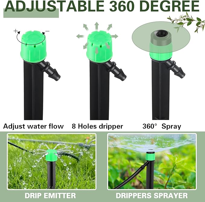 120 Pcs Drip Irrigation Emitters for 1/4'' Drip Irrigation Tubing 60 Irrigation Emitters Sprayer 60 Adjustable 360 Degree Water Flow Drippers for Patio Lawn Garden Watering
