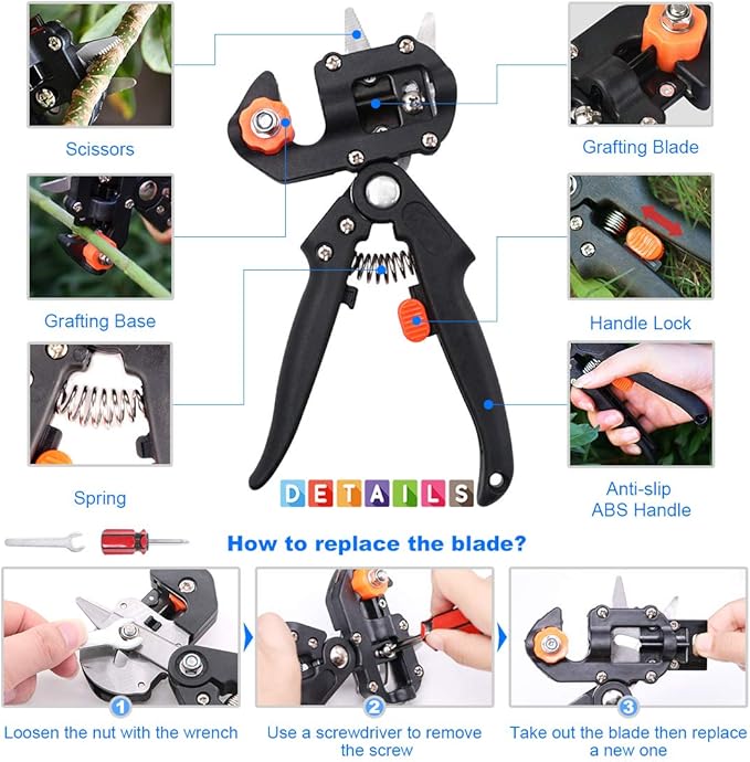 Glarks Professional Garden Fruit Tree Plant Pruning Shears Grafting Cutting Tool Kit with Grafting Tape Rubber Bands