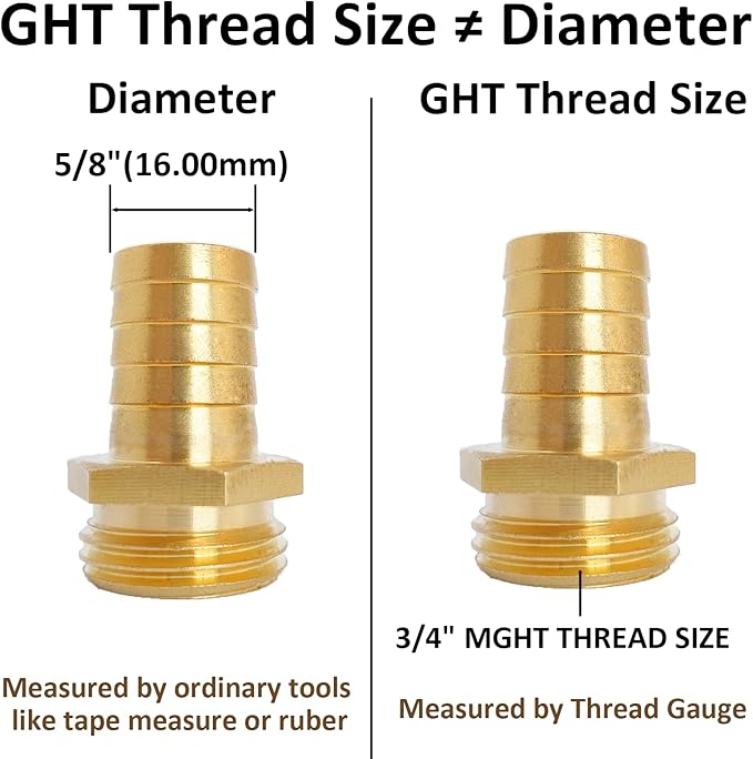 5/8" Barb x 3/4" Male GHT Thread Hex Brass Garden Water Hose Pipe Connector Copper Fitting with Stainless Clamp House/Boat/Lawn/Power Wash/Irrigation