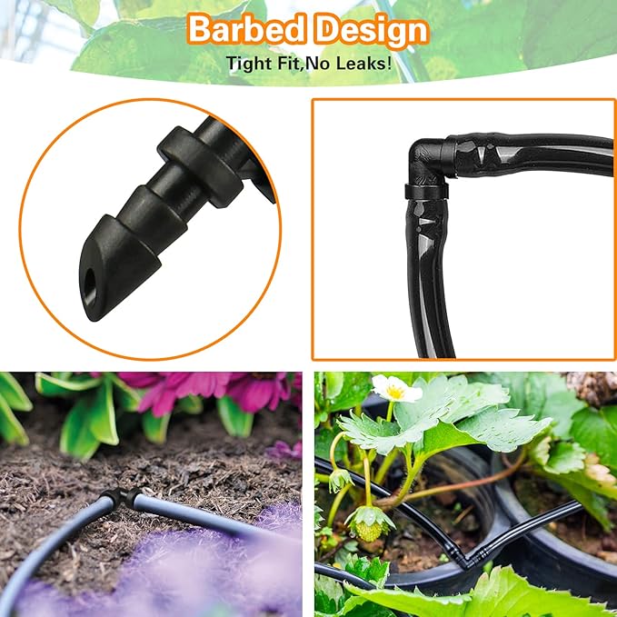 300 Pcs Barbed Connectors Irrigation Fittings Kit, Drip Irrigation Fittings 1/4” Tubing Connectors for Drip or Sprinkler Systems-Couplings, Single Barbs, End Plugs, Elbows, Tees, 4-Way Coupler