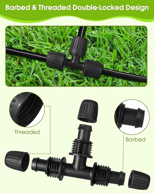 18 Pcs Drip Irrigation Fittings Kit for 1/2'' Tubing 1/2 Inch Drip Line Anti Drop Barbed Locking Nut Connector with 4 Tees 4 Couplings 3 Reducing Tee 3 Switch Valves 2 Elbows 2 Plugs
