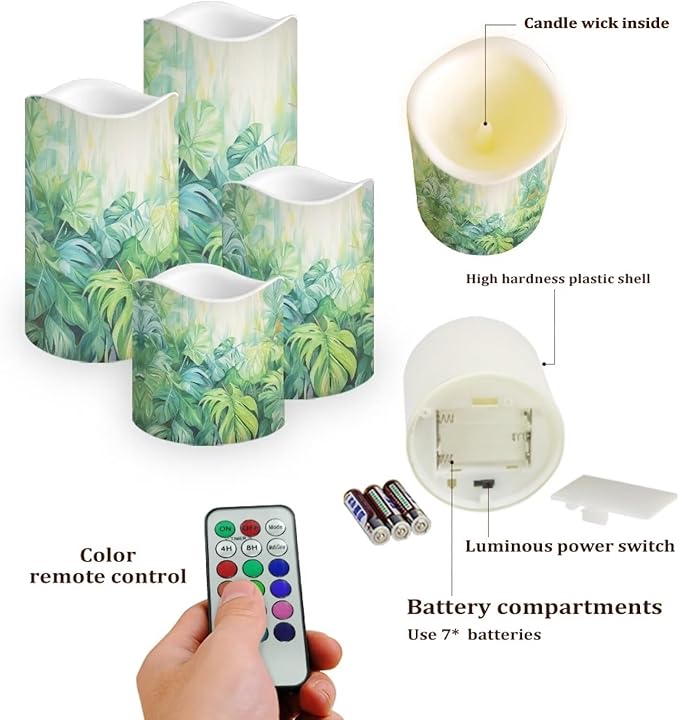 Ystardream Tropical Leaf Flameless Candles with Remote Battery Operated Candles Realistic LED Candles with Remote and Timer Set of 4 for Home Wedding Birthday Decorations