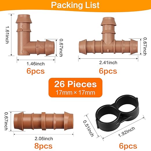 Irrigation Fittings Kit for 1/2"(.600" ID) Tubing,20 Pieces Set-8 Couplings, 6 Tees,6 Elbows - Barbed Connectors for Drip or Sprinkler Systems