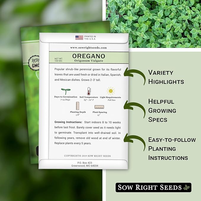 Sow Right Seeds - Oregano Seed for Planting - Non-GMO Heirloom- Instructions to Plant and Grow a Kitchen Herb Garden - Indoor or Outdoor - Gardening Gift - Produces Flavorful Leaves for Seasoning (4)