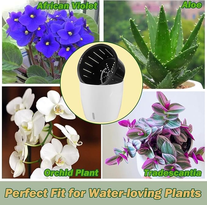 Planterhoma 6.7 Inch Self Watering Pots for Indoor Plants, 8 Packs White African Violet Pots with Water Indicator and Black Wick Pots, Self Watering Planters for Devil's Ivy, Indoor Plant Pots