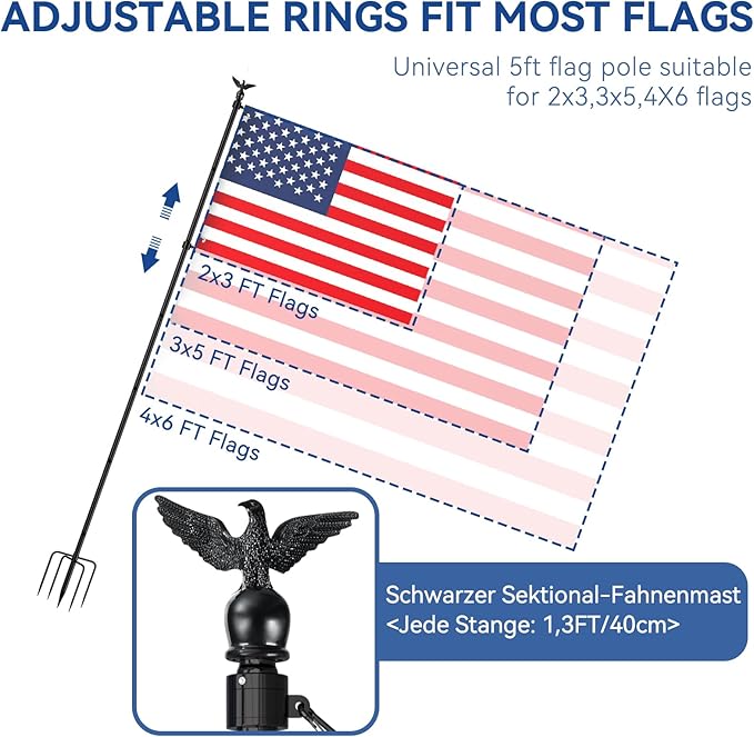 ZMTECH 10 FT Flag Pole Kit in Ground with 5 Pronges Base, Heavy Duty Flag Pole Holder with Metal Eagle Topper for Outside House & Yard Outdoor Garden Decor Residential Commerical(1 Pack,Without Flag)