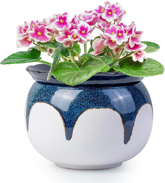 African Violet Pots, 6 Inch Self Watering Pots for Indoor Plants,Easy Plant Self Watering Planter, Ceramic Plant Pot with Absorbent Inner Pot for Flowers - Gradient Blue