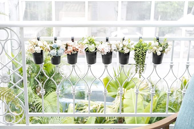 Dahey 10 Pcs Hanging Flower Pots Metal Iron Bucket Planter for Railing Fence Balcony Garden Home Decoration Flower Holders with Detachable Hooks, Black, 4 Inches