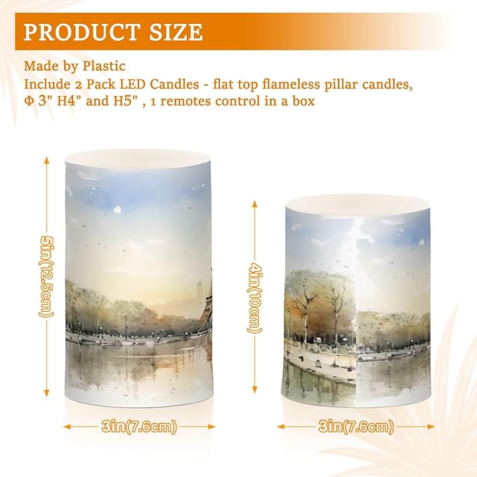 Flickering Flameless Candles, Eiffel Tower Lake LED Candles with Remote Timer, Set of 2 Battery Operated Candle for Valentine Wedding Birthday
