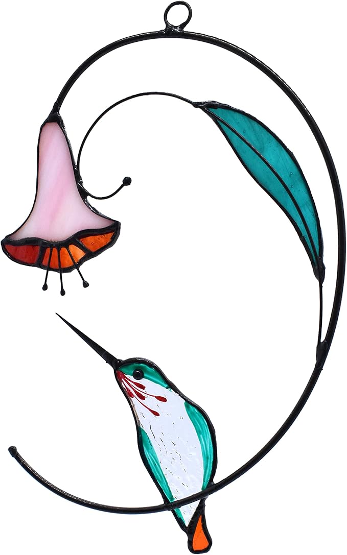 Lolitarcrafts Hummingbird with Flower Stained Glass Suncatcher Bird Stained Glass Window Hangings Hummingbird Gift for Home Decor (Green)