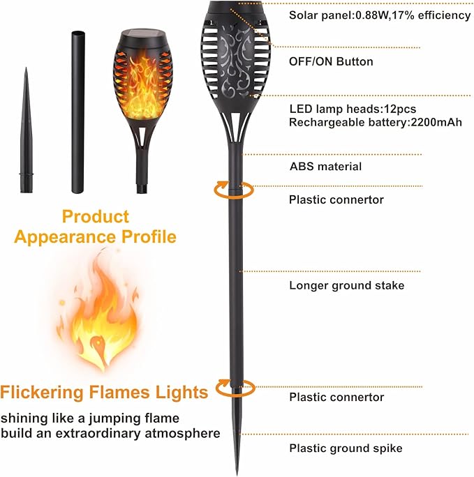 Solar Lights Outdoor, 6Pack Solar Torch Light with Flickering Flame for Garden Decor, Waterproof Outdoor Lighting Landscape, LED Flame Torches for Outside Patio Pathway Yard Decorations