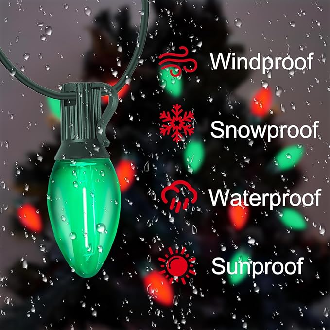 C7 LED Christmas Lights Outdoor, 25FT Clear Red and Green Christmas String Lights with 27 LED Energy-Efficient Bulbs, Hanging Vintage Christmas Decorations Lights for Holiday Party Patio Garden Yard