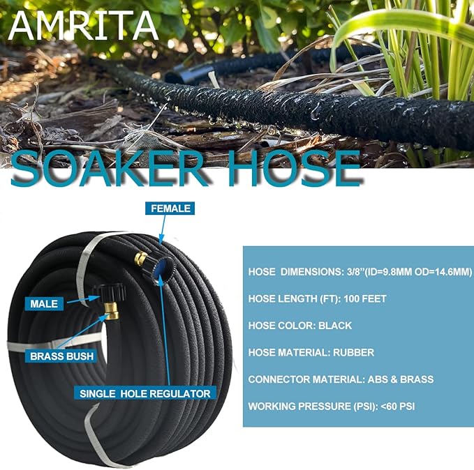 AMRITA Soaker Hose KIT,3/8inch 100ft Rubber Garden Hose 70% Water Saving,Black Heavy Duty Soaker Hose For Garden Lawn,Garden Raised Beds.(3/8-100FT) …
