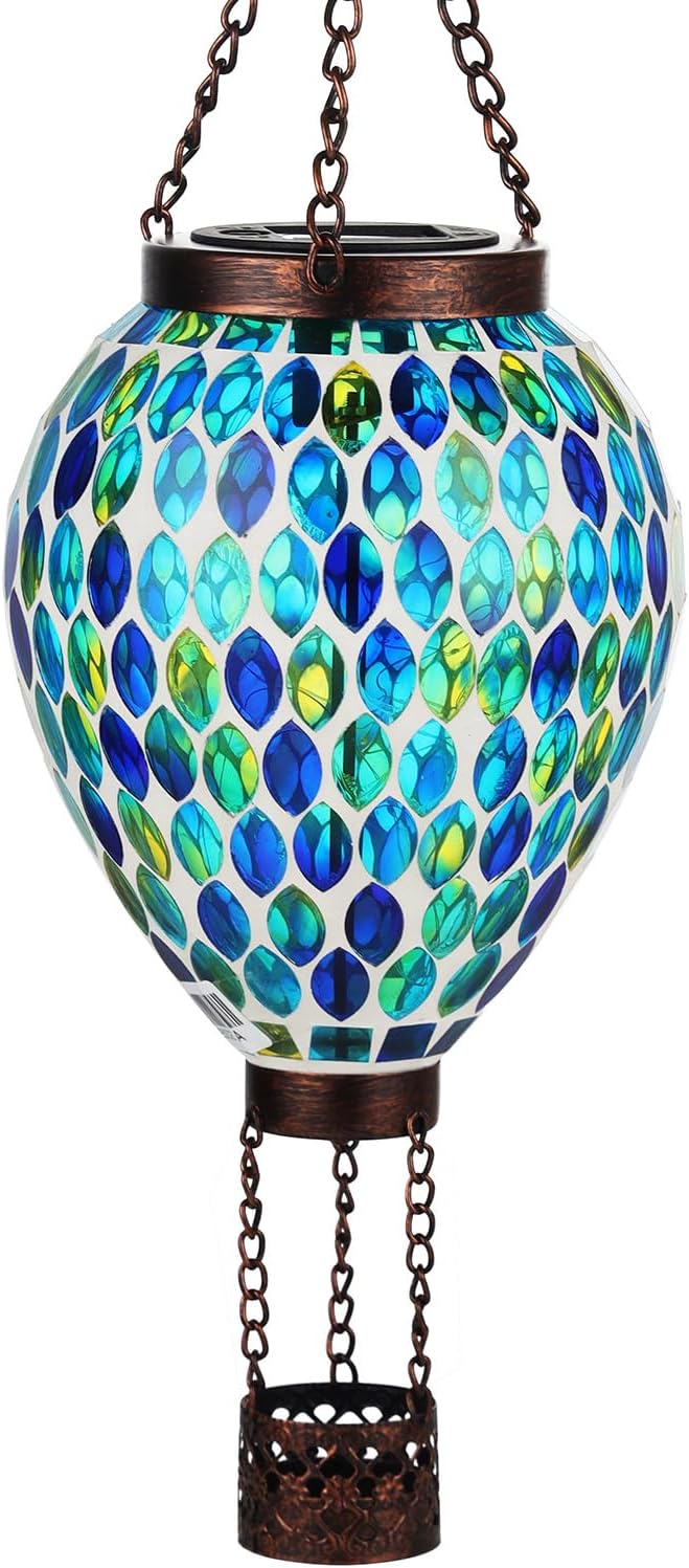 VOREEN Hot Air Balloon Solar Lantern, Mosaic Solar Outdoor Hanging Wind Light, Waterproof, Patio Festive Decor, Easter Gifts for Mom Father Grandma, Blue