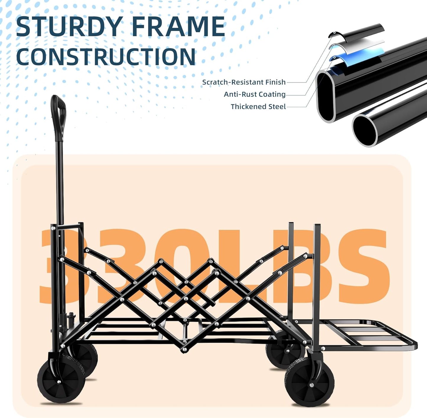 Favoyard Collapsible Wagon Carts with Extended Tailgate, Foldable 130L & 330LBS Portable Folding Wagons with All - Terrain Wheels & Drink Holders for Shopping, Garden, Camping & Beach, Black