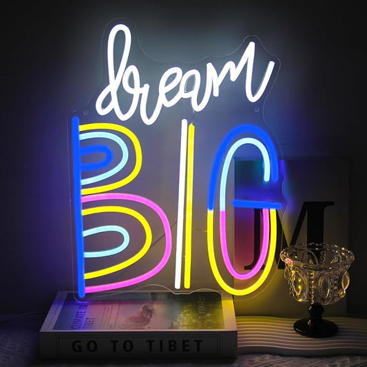Dream Big Neon Signs for Wall Decor Colorful Letter Neon Sign Inspiring Quotes Neon Light LED Motivational Decor Dream Neon Light Sign for Bedroom Classroom Office Dorm Decoration
