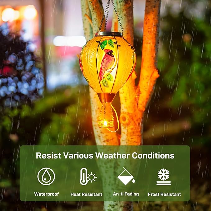 Large Hot Air Balloon Cardinal Solar Lantern Lights with Flame, Green Glass Balloon Lantern Waterproof Outdoor Decor for Garden Yard Patio, Birthday Mother's Day Gifts for Moms Women