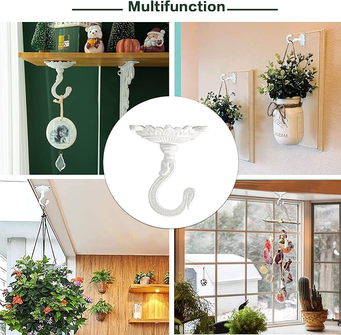 Sungmor Heavy Duty Ceiling Hooks for Hanging Plants, 2PC White 3.5x3.9Inch Large Cast Iron Ceiling Hooks, Antique Decorative Ceiling Swag Hooks for Hanging Planter Chandelier Wind Chime Lantern Hanger