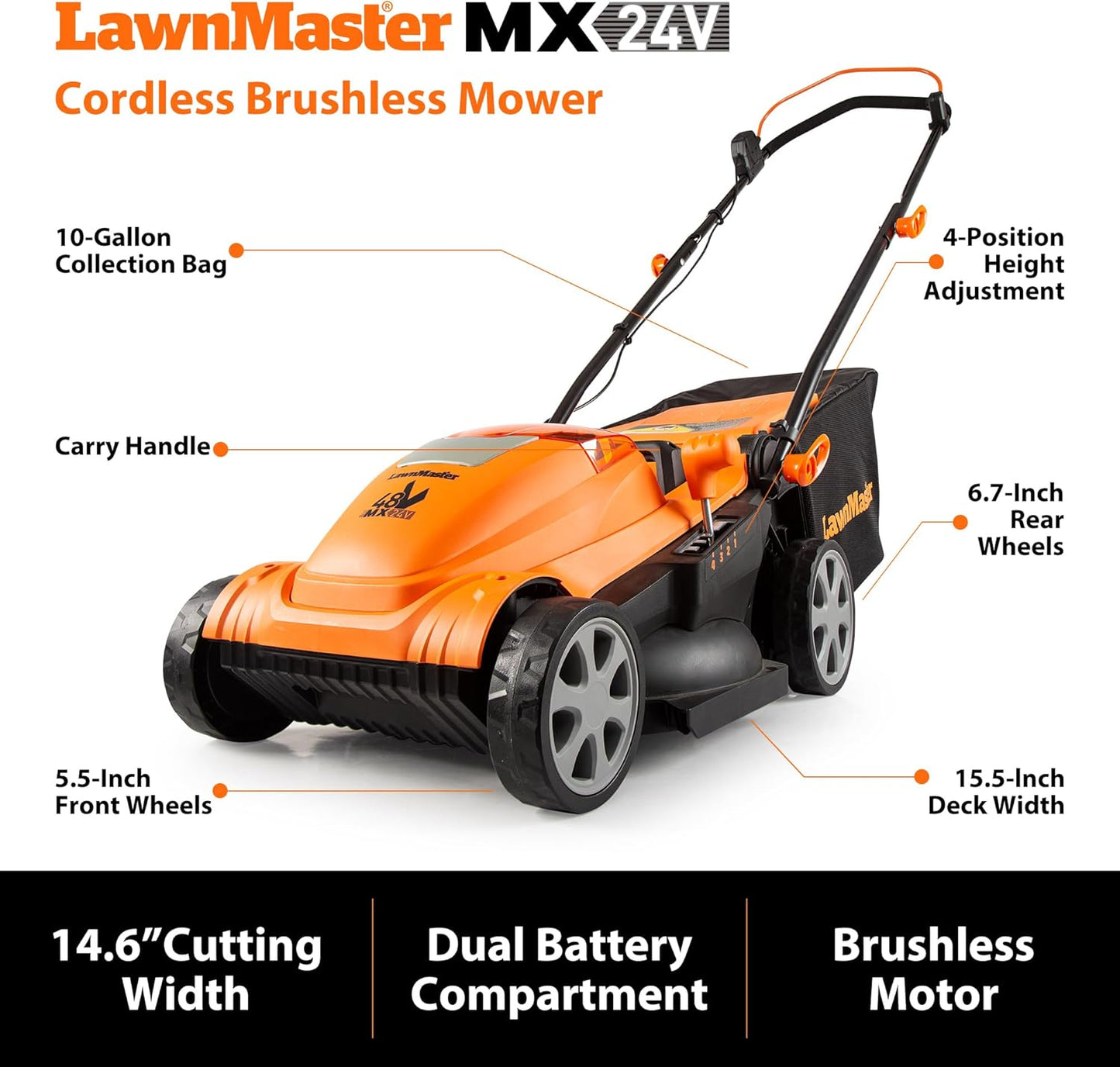 LawnMaster CLMF4815E 48V MAX* 15-inch Brushless Cordless Mower with 2X24V MAX* 4.0Ah Battery and a Dual Charger