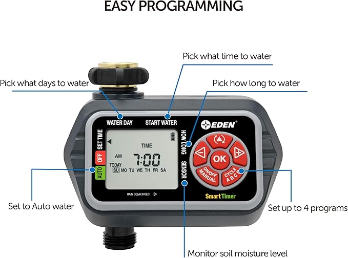 Eden 93411 1-Zone Digital Water Timer with LCD Display - Programmable Sprinkler System Manual Watering Rain Delay and Moisture Sensor Compatibility