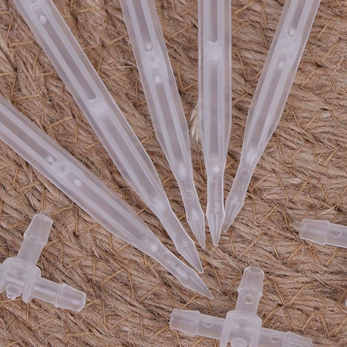 10 Sets White Drip Emitters with 3-Way Connector Curved Arrow Dripper Potted Plants Bend Sprinklers Garden Automatic Irrigation System for 4/7mm Hose Patio Watering Cooling Irrigation Kit