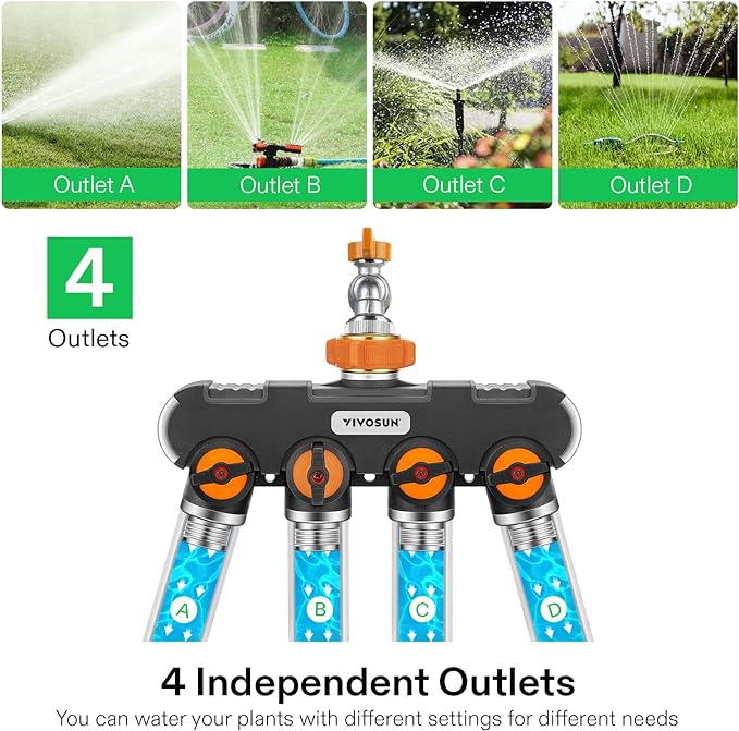 VIVOSUN Garden Hose Splitter 4 Way, Heavy Duty Water Hose Connector 3/4", Water Hose Manifold, Faucet Adapter with Comfortable Rubberized Grip for Drip Irrigation, Lawns