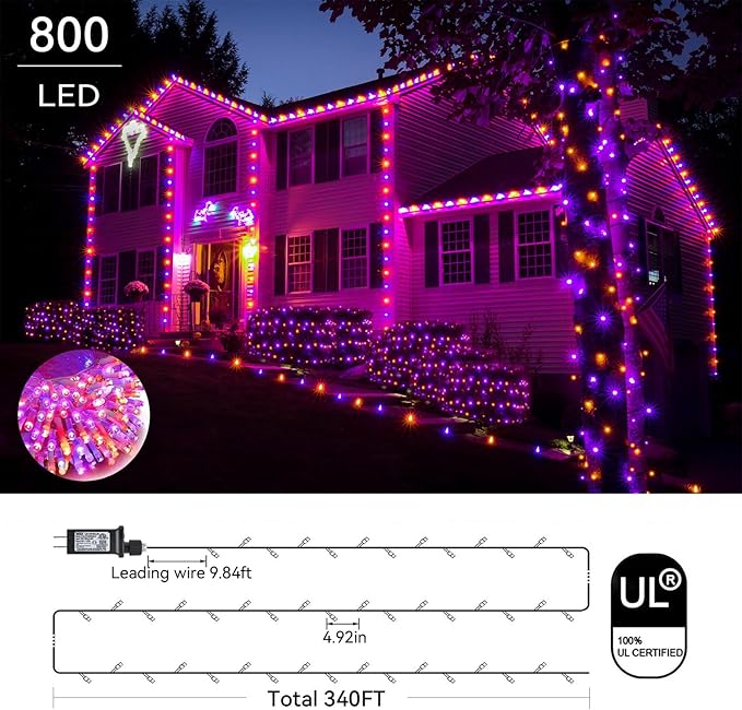 Purple and Orange Halloween Lights, 800LED 330FT String Lights 8 Modes Timer Plug in Waterproof Indoor Outdoor Christmas for Garden Party Decoration, JT-EL/FC300V0200
