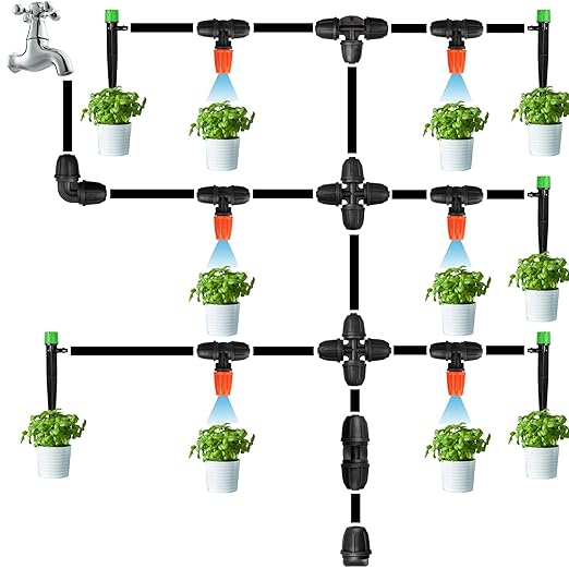 Upgraded 1/4" Drip Irrigation Fittings：60 Pieces Set-15 Couplings 15 Tees 5 Crosses 10 Elbows 10 End Plugs 5 Micro Dripper, Leak Free Barbed Locked Connectors for 1/4 Inch Irrigation Tubing