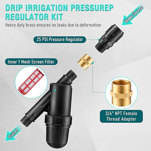 2 Pack Drip Irrigation Pressure Regulator Kit, Drip Irrigation Filter with 25 PSI 3/4'' Hose Thread Pressure Regulator, with Metal Connector, for Drip Irrigation System, Pressure Reducer