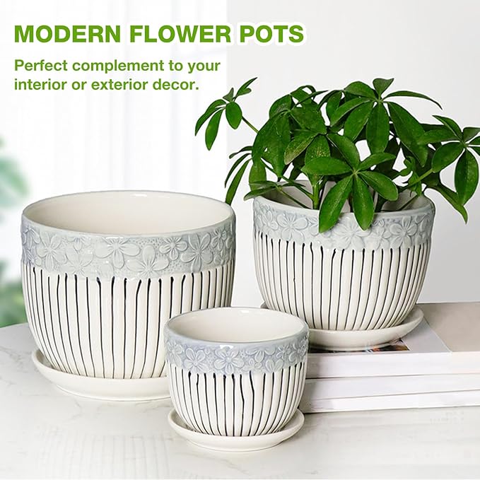 Ceramic Plant Pots Set of 3, 6.75/5.6/4.2 inch Planters with Drainage Holes and Saucer, Flower Pots Outdoor Indoor, Modern Decorative Planters for House Plants Garden Planters Succulent Pots