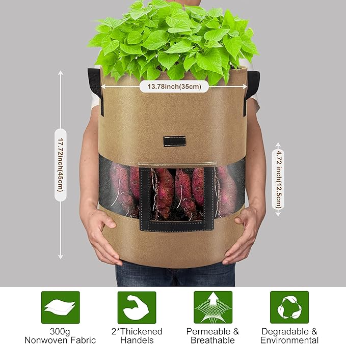 Visible Potato Grow Bags 10 Gallon with Flap 3-Pack,Potatoes Growing Containers with Handles&Visible Space, Heavy Duty Thickened Aeration Nonwoven Fabric Pots,alse for Tomato Strawberry