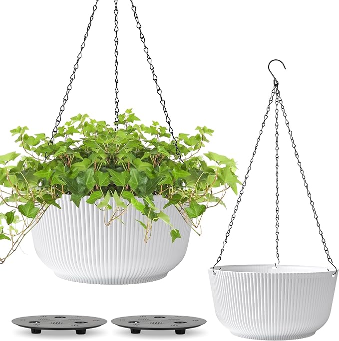 T4U 12 Inch Large Hanging Planters for Outdoor Plants, 2 Pack Self Watering Hanging Pots Indoor, Hanging Baskets for Plants,Hanging Flower Pot with Drainage Hole and Plant Hanger, White