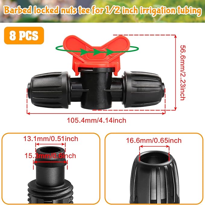 8 Pack Drip Irrigation Valve for 1/2 Inch Drip Tubing (1/2" ID x 0.65" OD)：1/2'' In-line Locked Barbed Ball Valve Drip Line Shut Off Valve Parts In Irrigation System for Garden