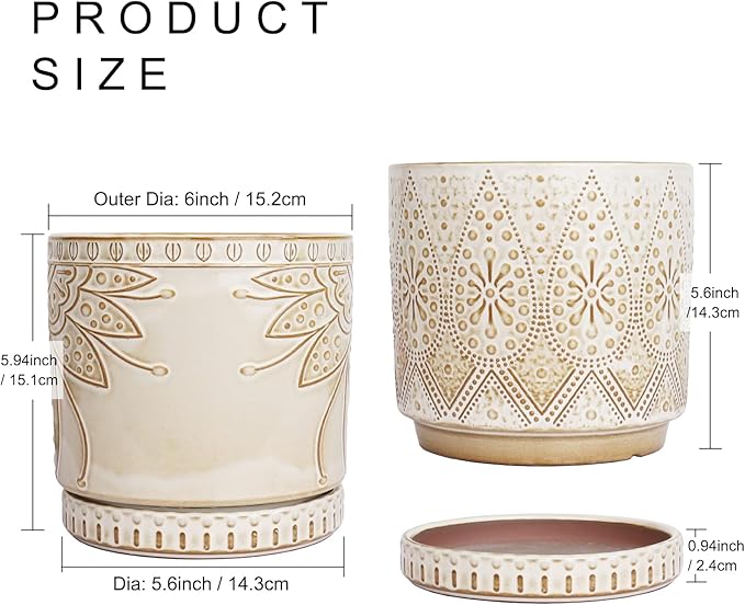 6 Inch Indoor Plant Pots with Drainage Holes and Saucers, Ceramic Planter for Plants, Flower Pot - Set of 2