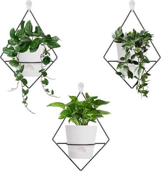 3 Sets of Wall Planters for Indoor Plants, Hanging Wall Planter with Black Metal Holder, Geometric Self Watering Wall Flower Pots, Wall Mounted Succulent Planter, 5" White Plant Pot