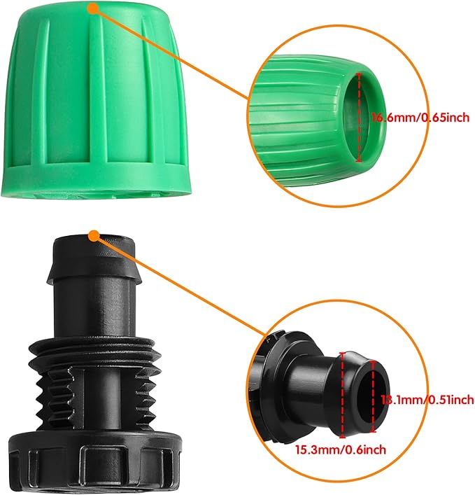 Drip Irrigation Fittings for 1/2 inch Tubing (0.60"-0.63" OD), 16 Pieces Barbed Locked End Plug Connectors, End Caps Drip Line Nuts Connectors for Drip Irrigation Hose (13mm ID)
