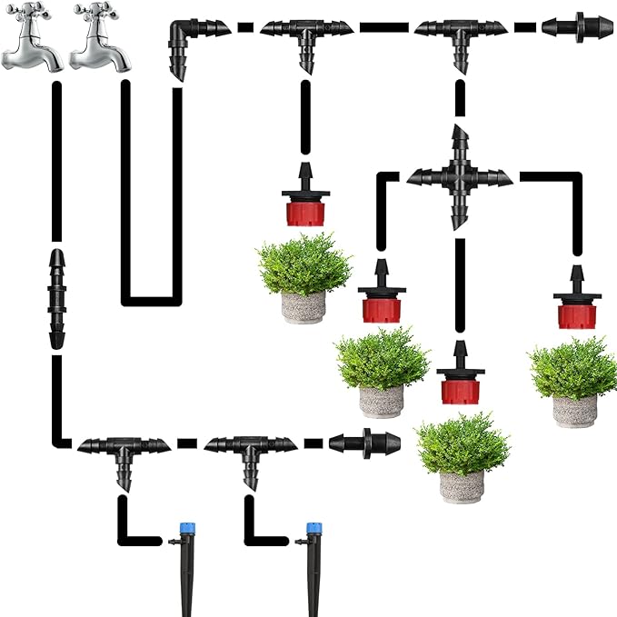 JAYEE 100Ft 1/4 Inch Drip Irrigation Tubing with 33 Pcs Drip Irrigation Parts - 10 Couplings, 10 Tees, 4 Elbows, 4 4-way Couplings, 5 End Plugs - Drip Irrigation Hose Kit for Drip or Sprinkler Systems