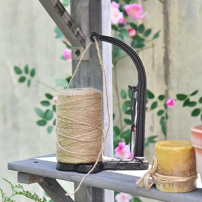 Sungmor Cast Iron Garden Twine Holder Set - 1300ft. Natural Jute Twine String & Rope Rack & Scissors - Decorative & Practical Home Arts Crafts Tools for Picture Display Gift Wrapping Packing Gardening