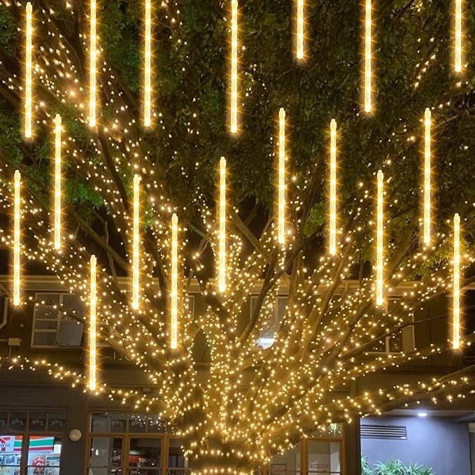 TW SHINE Christmas Meteor Shower Lights Outdoor, 864 LED 12" 24 Tubes Waterproof Christmas Lights Outdoor Plug in, Snow Falling Rain Icicle Xmas Lights Decorations, Warm White