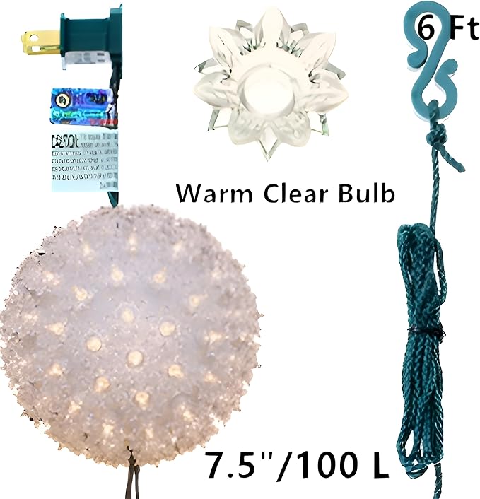 100 Clear Warm Christmas Sphere Light, UL Certified and Commercial Grade 7.5 Inches Hanging Sphere, for Indoor and Outdoor Party, Garden, Gate, Patio, Trees.