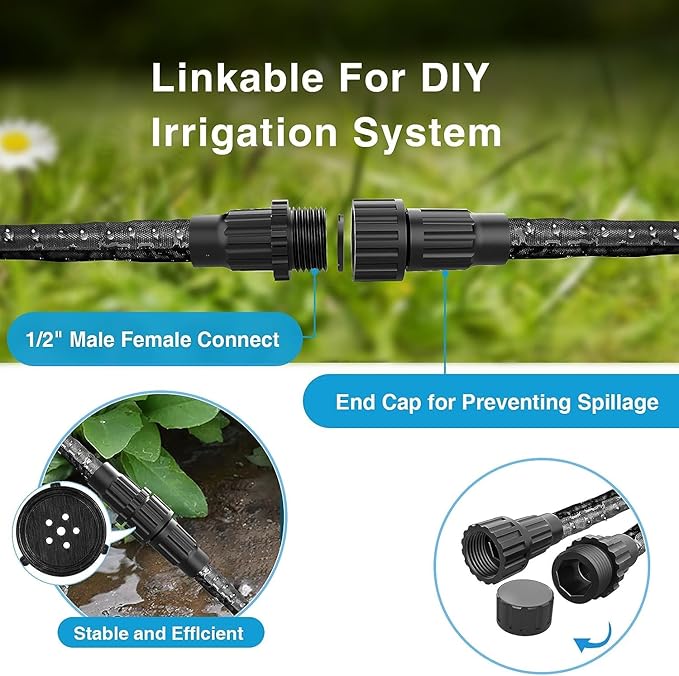 Flat Garden Soaker hose 50ft,Drip irrigation hose for garden beds,water hose with holes for flower beds,Saves 80% water.