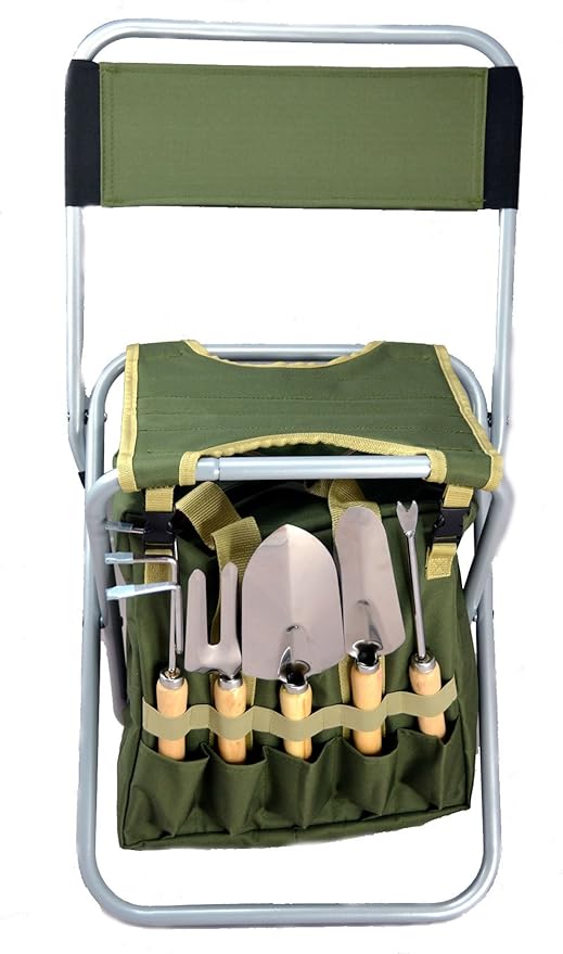 10-Piece Gardening Tool Set with Zippered Detachable Tote and Folding Stool Seat with Backrest