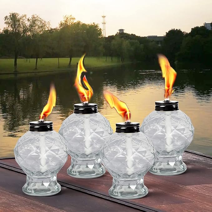 4 Pack Glass Table Torches, Citronella Table Top Torches with Wick and Cap for Outdoor, Refillable Landscape Lanterns for Yard, Patio, Christmas, Garden, Party Decor