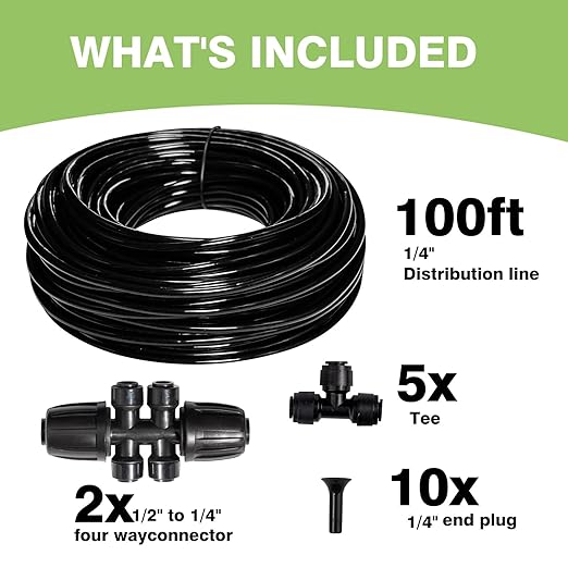 100FT 1/4 inch New Quick-Connect Drip Irrigation Kit Distribution Hose Tubing for Garden Irrigation System (Includes 2 Pcs 6-Way Connector, 5 Pcs 1/4" Tee and 10 Pcs End Plugs)