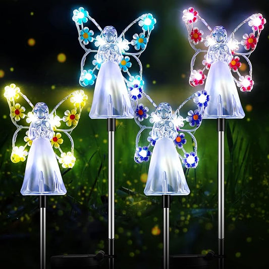 4 Pieces Solar Angel Stake Lights, Multicolor Angel LED Garden Decorations, Multicolor Garden Outdoor Solar Lights, Cemetery Decorations for Grave Yard, Memory Sympathy Gifts Favor