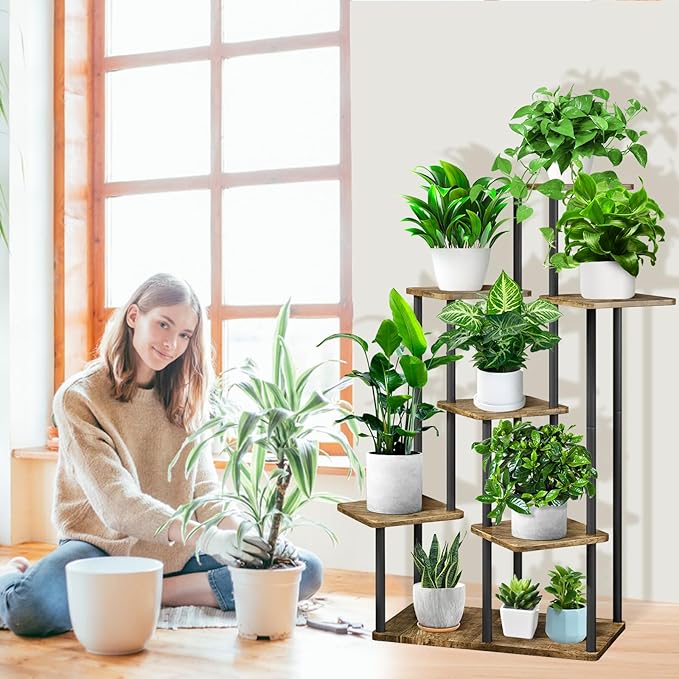 7 Tier Wood Tall Plant Stand Metal Rack Indoor, Multiple Flower Pot Holder Shelves Corner Rack, Planter Shelf Display Rack Storage Organizer for Patio Living Room Balcony Garden(Black)
