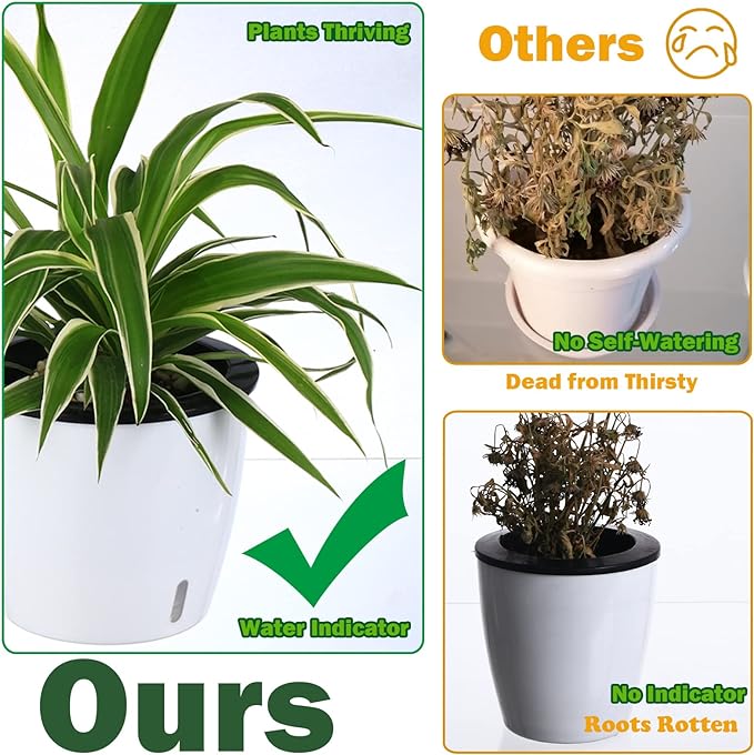 Planterhoma 5 Inch Self Watering Pots for Indoor Plants, 6 Packs White African Violet Pots with Water Indicator and Black Wick Pots, Self Watering Planters for Devil's Ivy, Indoor Plant Pots