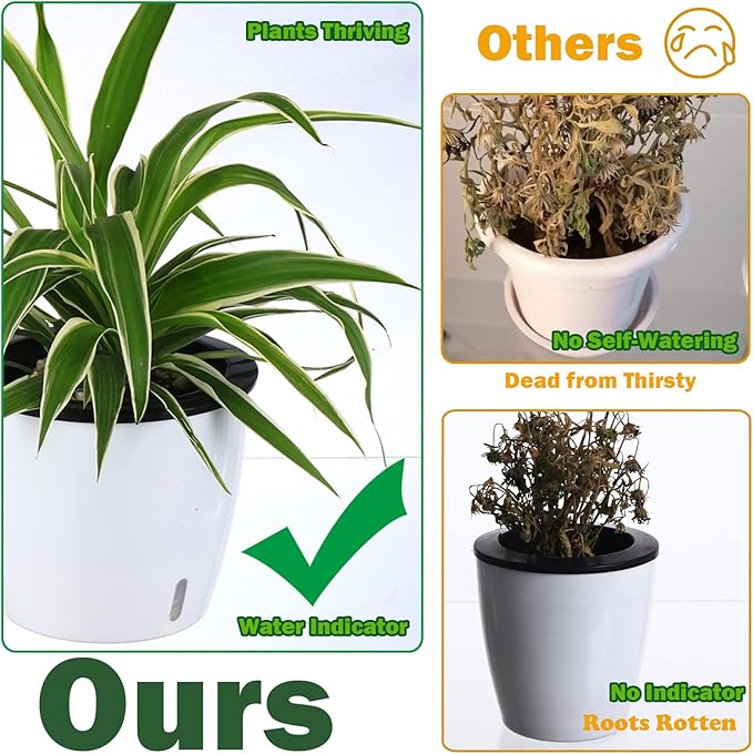 Planterhoma 5 Inch Self Watering Pots for Indoor Plants, 10 Packs White African Violet Pots with Water Indicator and Black Wick Pots, Self Watering Planters for Devil's Ivy, Indoor Plant Pots